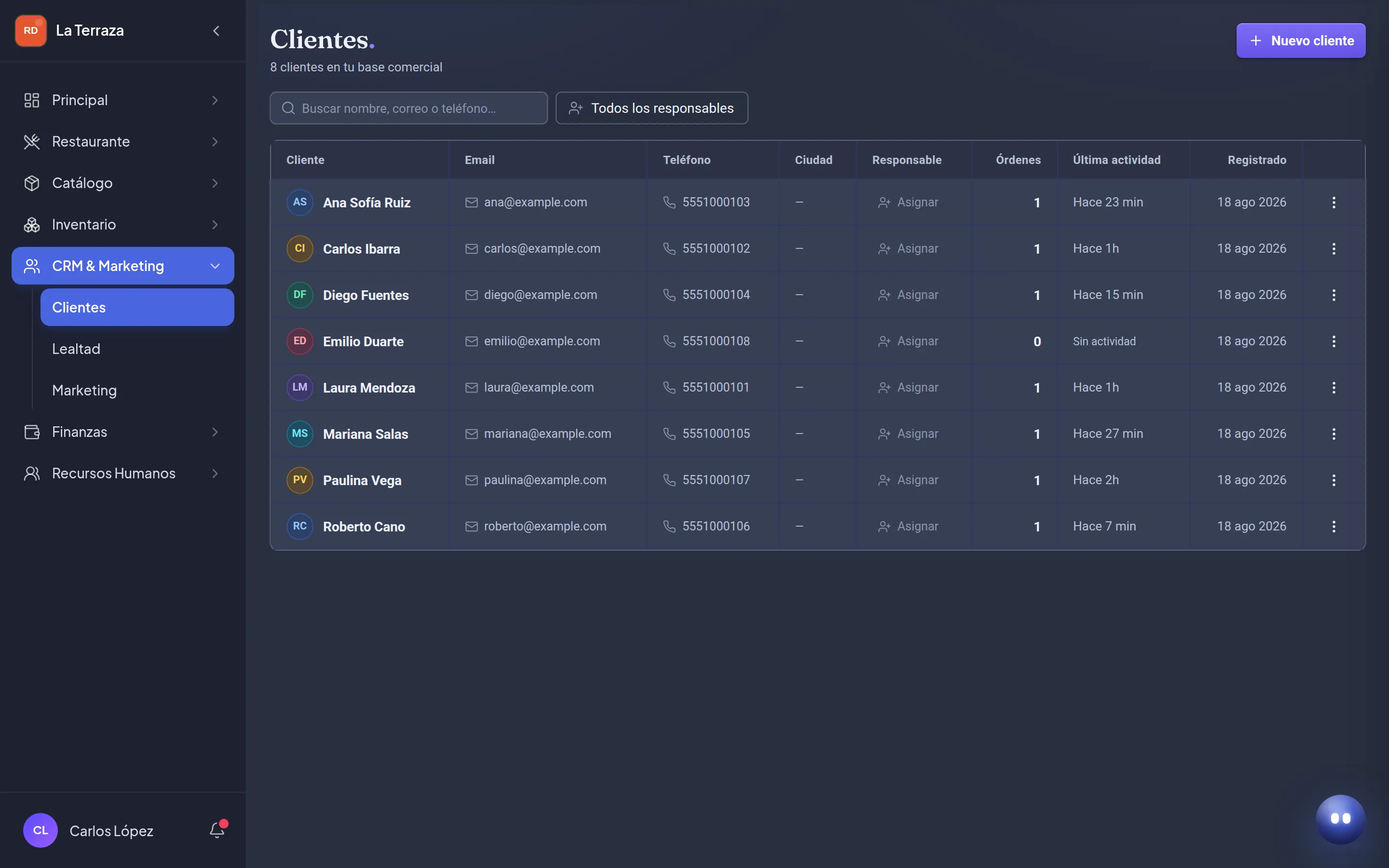 Módulo de clientes de Amazing con el total de clientes, altas del mes, ingresos y la lista con contacto.