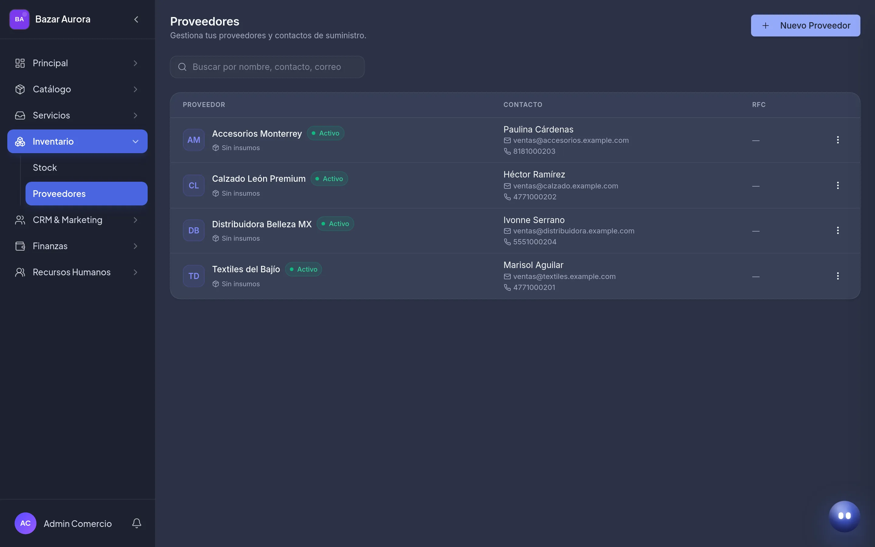 Módulo de proveedores de Amazing con el nombre de cada proveedor, su persona de contacto, teléfono y correo.