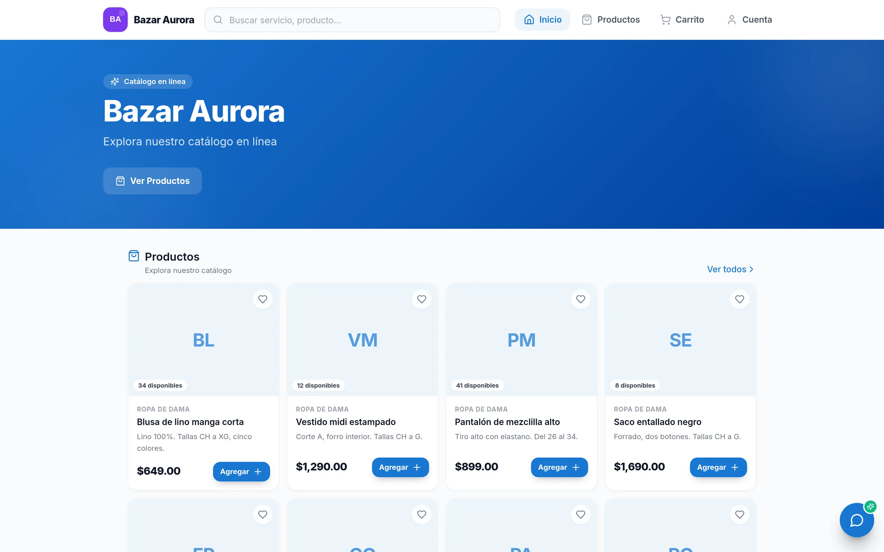 Tienda en línea de Bazar Aurora generada por Amazing: portada con el nombre del negocio y una rejilla de productos con su categoría, descripción, existencias disponibles, precio y botón de agregar al carrito.