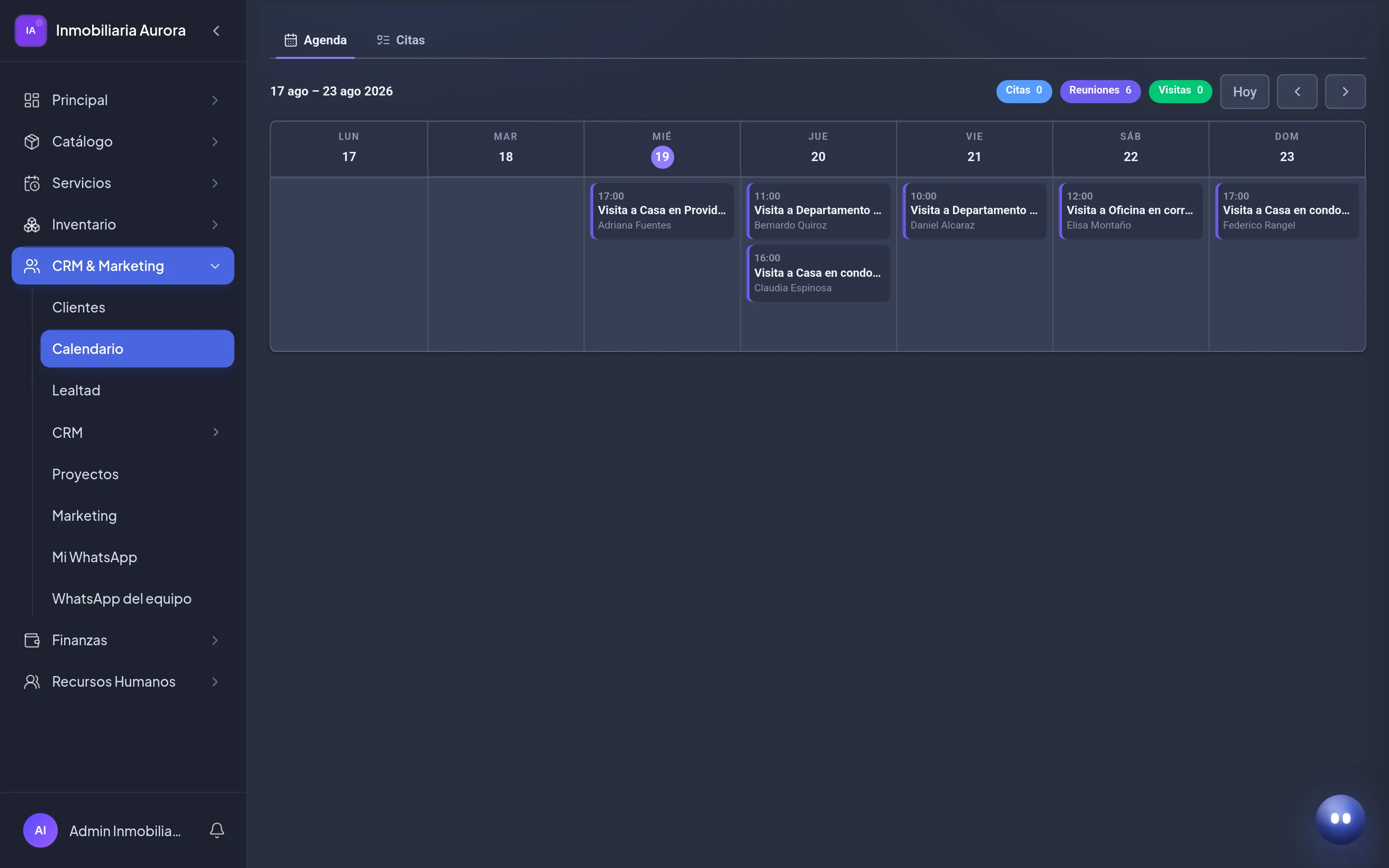 Calendario semanal de Amazing con seis visitas agendadas de miércoles a domingo. Cada una muestra la hora, la propiedad que se visita y el nombre del prospecto.
