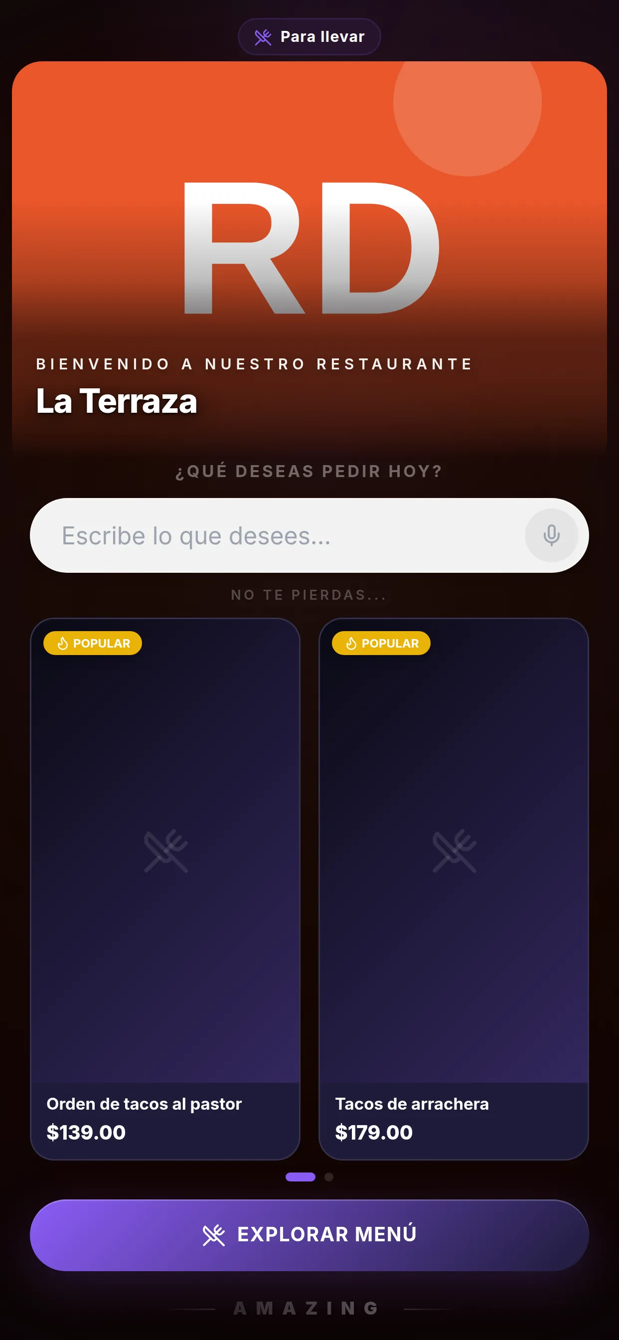 Menú digital de La Terraza en un teléfono, con la portada del restaurante, el buscador del asistente y los platillos populares.