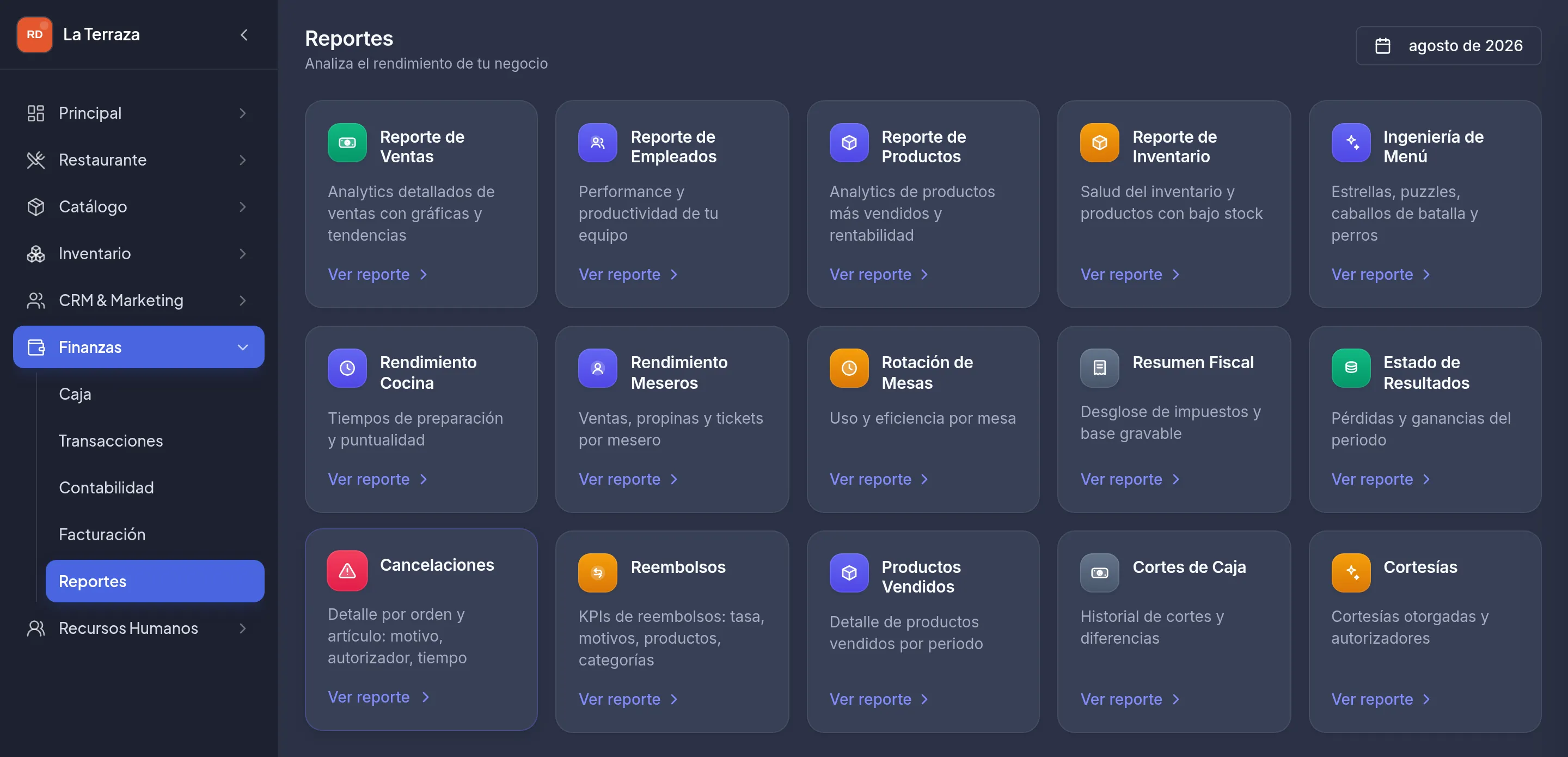 Catálogo de reportes de Amazing con quince informes: ventas, empleados, productos, inventario, ingeniería de menú, rendimiento de cocina y meseros, rotación de mesas, resumen fiscal, estado de resultados, cancelaciones, reembolsos, productos vendidos, cortes de caja y cortesías.