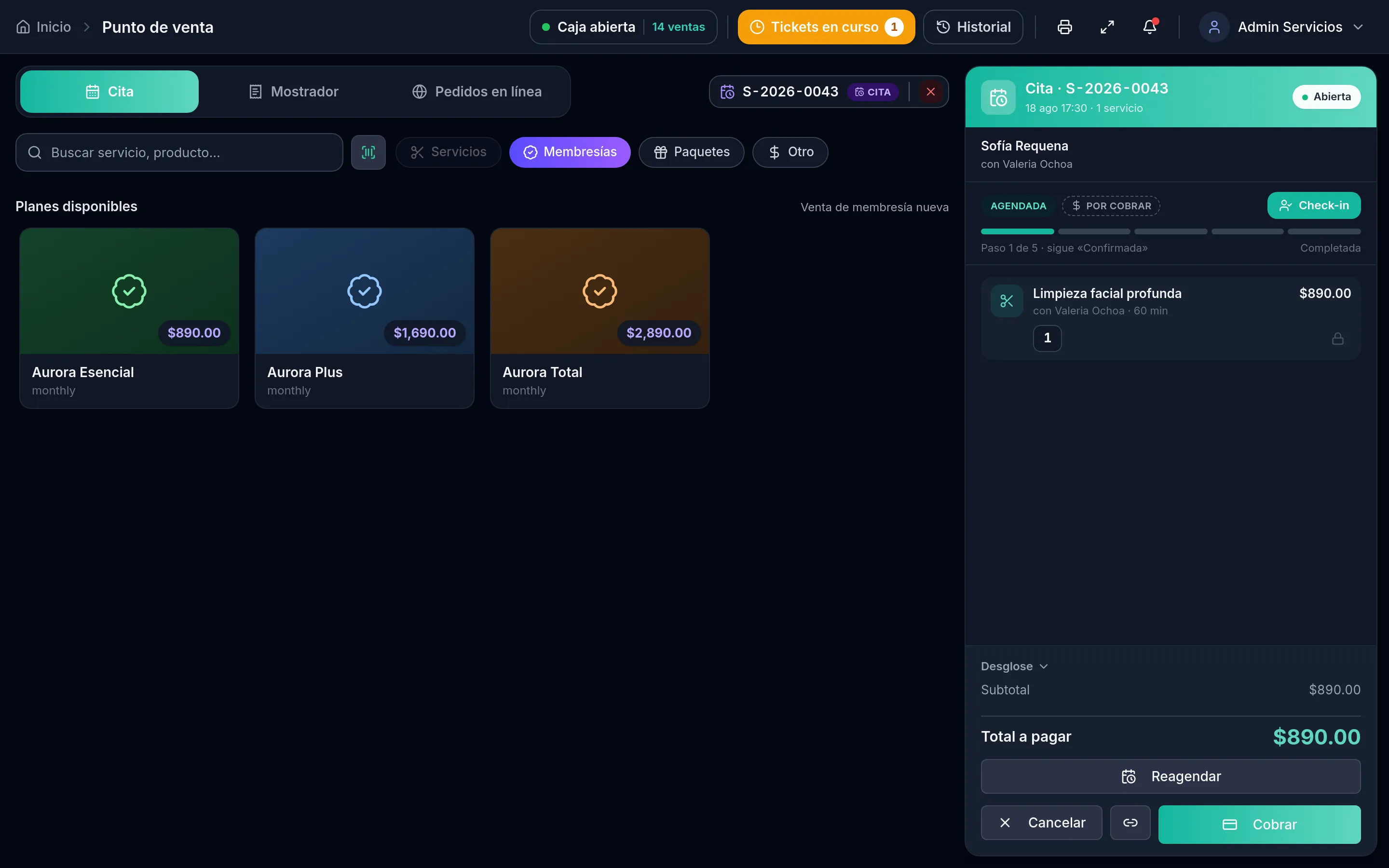 Punto de venta de servicios de Amazing con la cuenta de una cita abierta, el servicio con su profesional y duración, el total a pagar y los planes disponibles para vender.