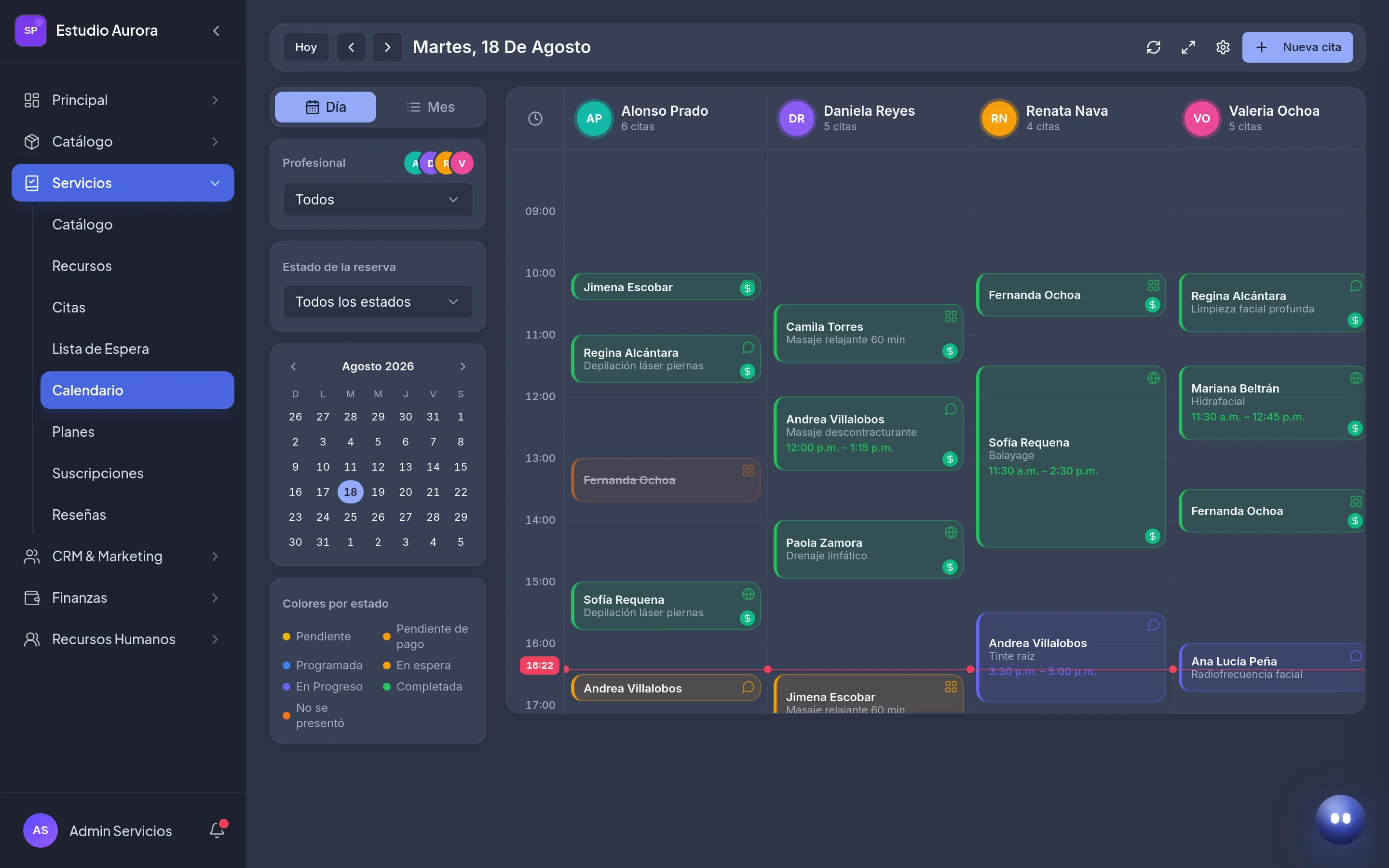 Calendario diario de Amazing con una columna por profesional, los bloques de cada cita con su cliente y servicio, la línea roja de la hora actual y una inasistencia tachada.