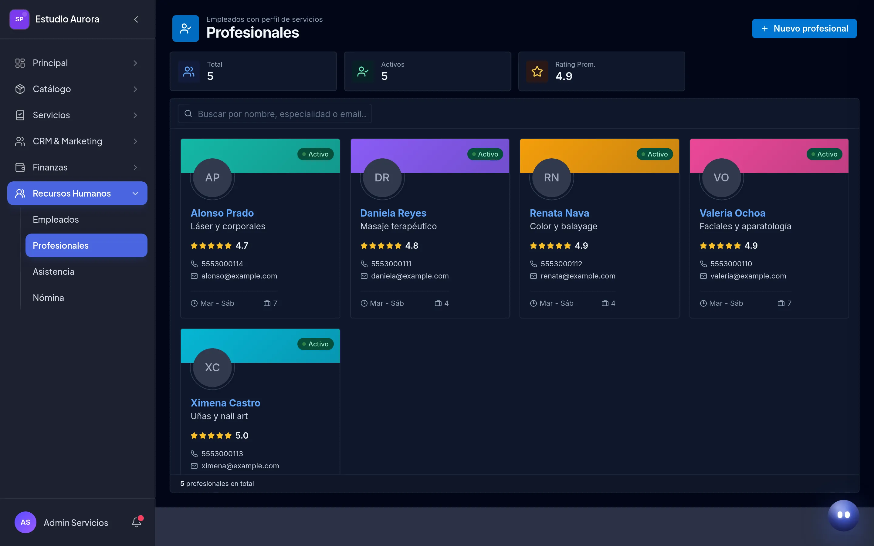 Directorio de profesionales de Amazing con la especialidad, calificación, contacto, días de trabajo y número de servicios de cada persona.
