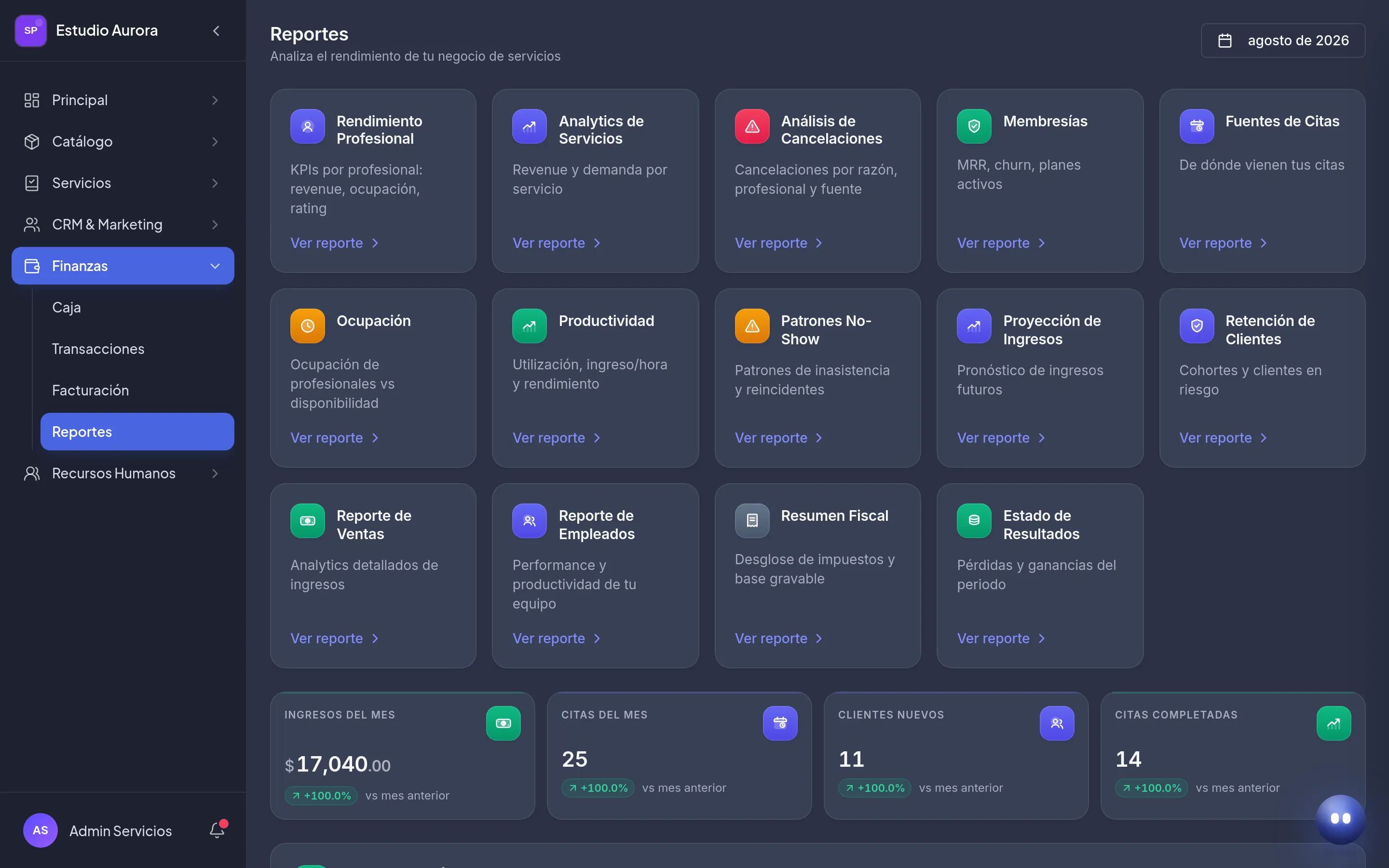 Catálogo de reportes de Amazing para negocios de servicios: rendimiento profesional, analytics de servicios, cancelaciones, membresías, fuentes de citas, ocupación, productividad, patrones de no-show, proyección de ingresos, retención de clientes, ventas, empleados, resumen fiscal y estado de resultados, con los indicadores del mes.